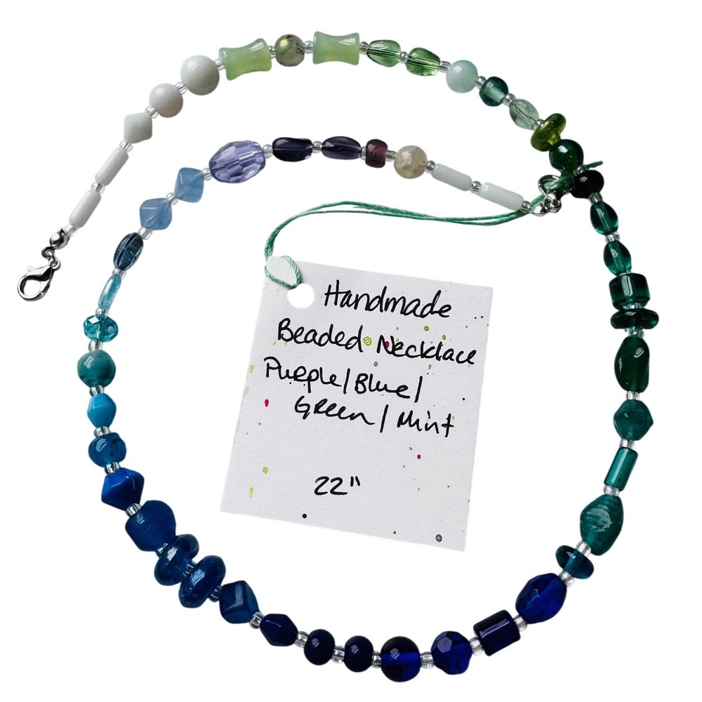 Handmade Beaded Necklace Women 22" Blue Purple Green Gradient Glass